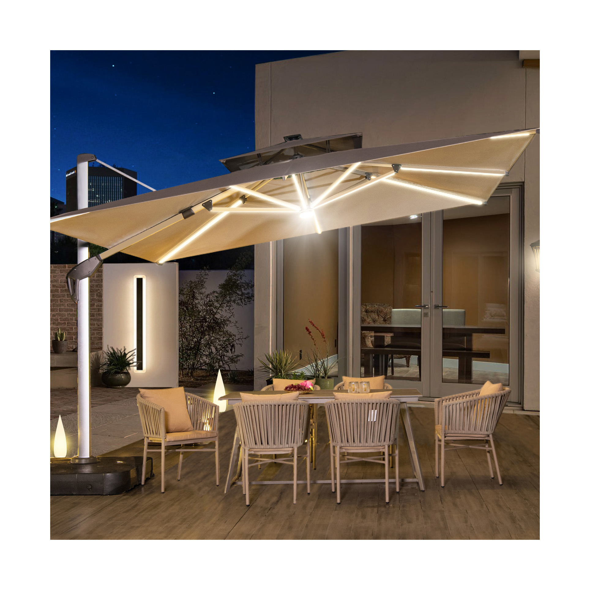 [HUAHONG]Scorpio Parasol Garden Outdoor Umbrella Led Solar Panel Aluminum Cantilever Umbrella with Light