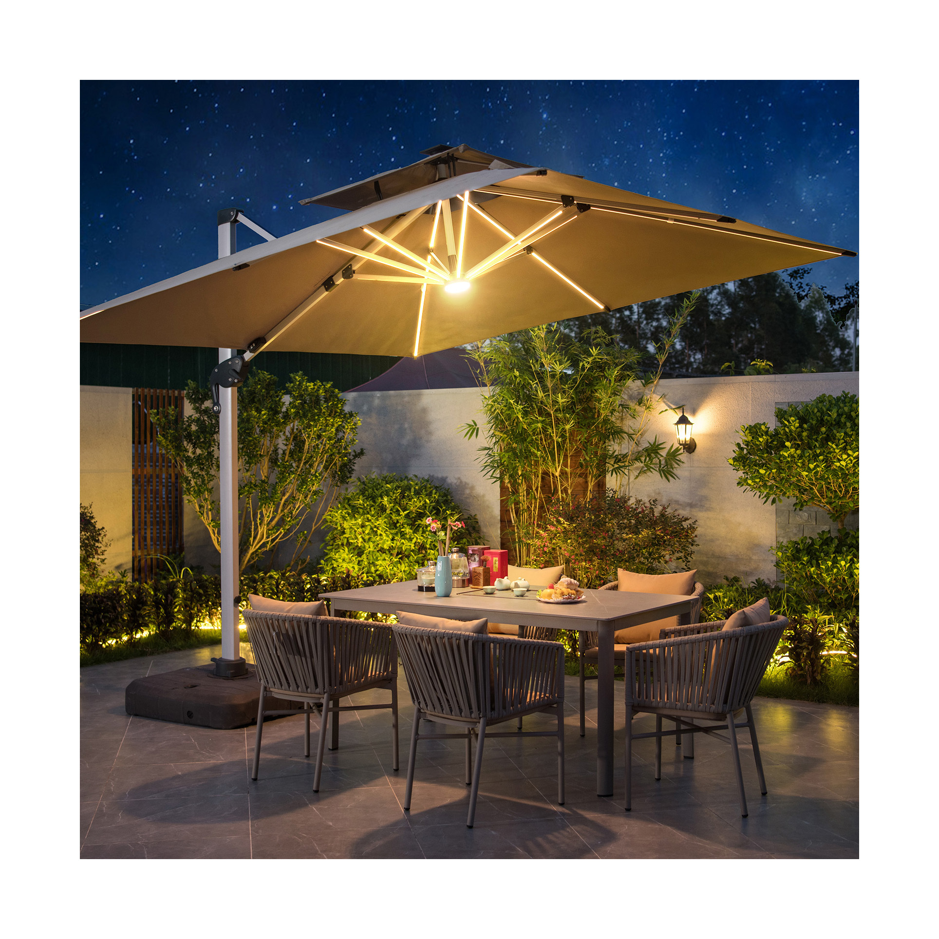 Outdoor Solar Roman umbrella Double top patio garden beach umbrella Warm light patio umbrellas