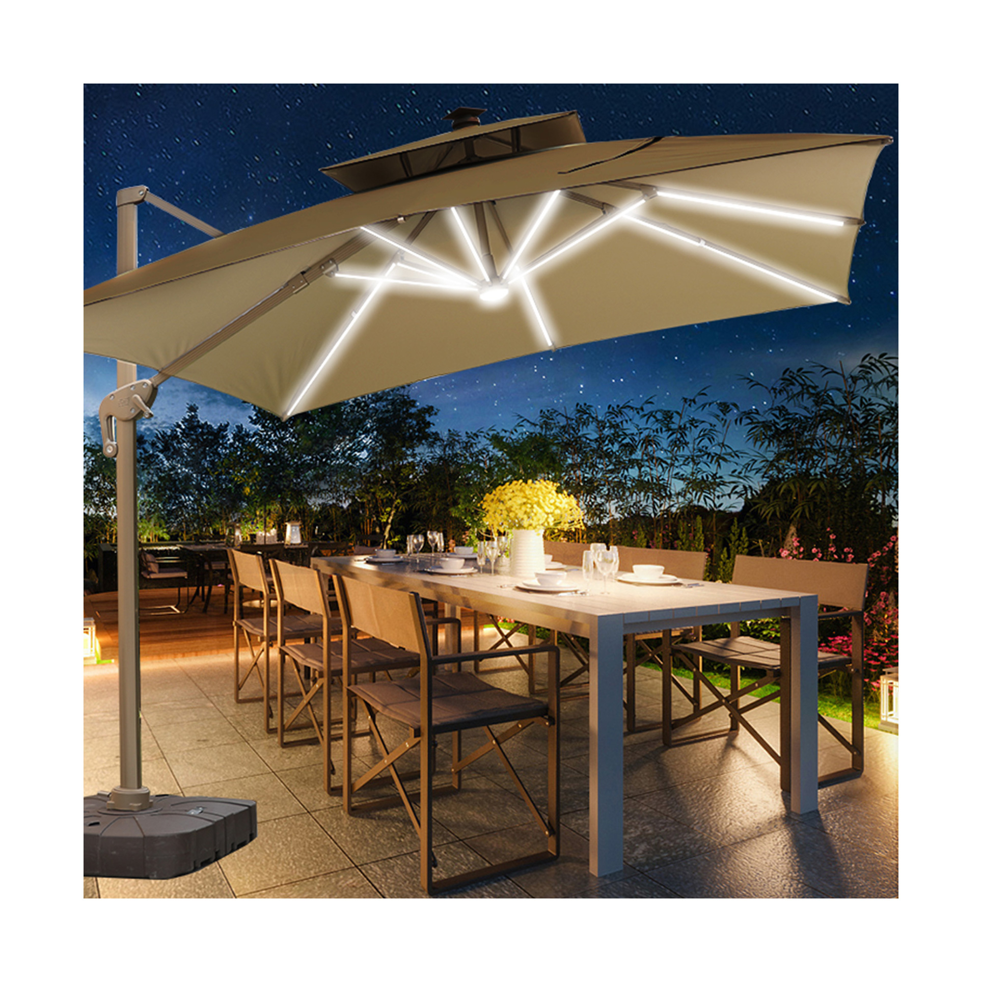 [HUAHONG]Solar Panel With Lamp Stripe Outdoor Large Parasol Garden Patio Leisure Bar Hotel Business Outdoor Umbrella