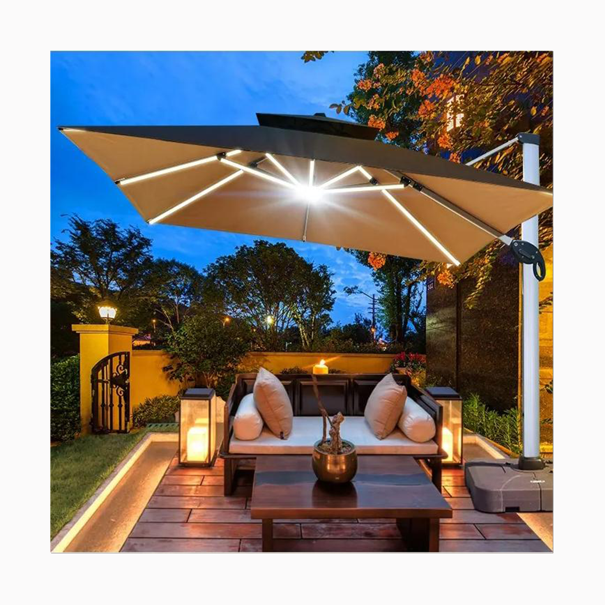 HUAHONG wholesale cantilever umbrella 10*13ft solar sun umbrella & bases LED light parasols patio garden outdoor furniture