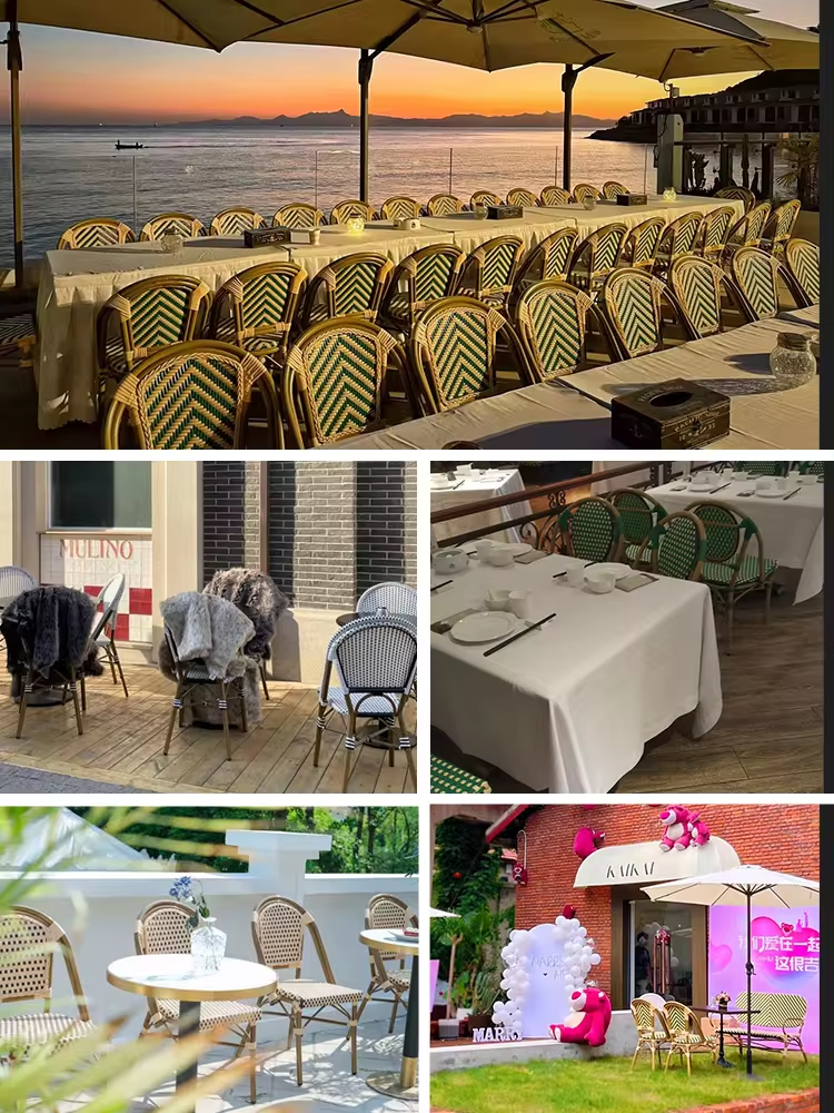 Factory Outlet 4+1 French Style UV Water Resistant PE Rattan Furniture Set Hand Knitting Wicker for Restaurant Dining Outdoor