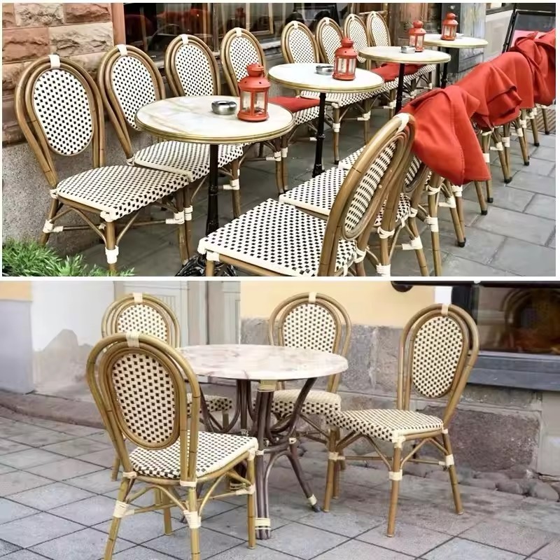 Factory Outlet 4+1 French Style UV Water Resistant PE Rattan Furniture Set Hand Knitting Wicker for Restaurant Dining Outdoor