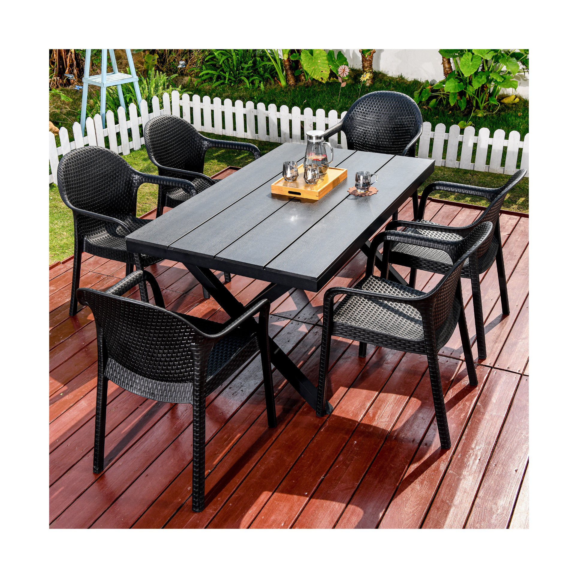 HUAHONG 4+1 cheap sample factory promotion PVC cross shape  rattan chair outdoor indoor waterproof garden dining furniture set