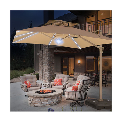 Outdoor Garden Restaurant Hotel Cantilever Patio Roman hydraulic umbrella Commercial Parasol Umbrella  with solar and LED light