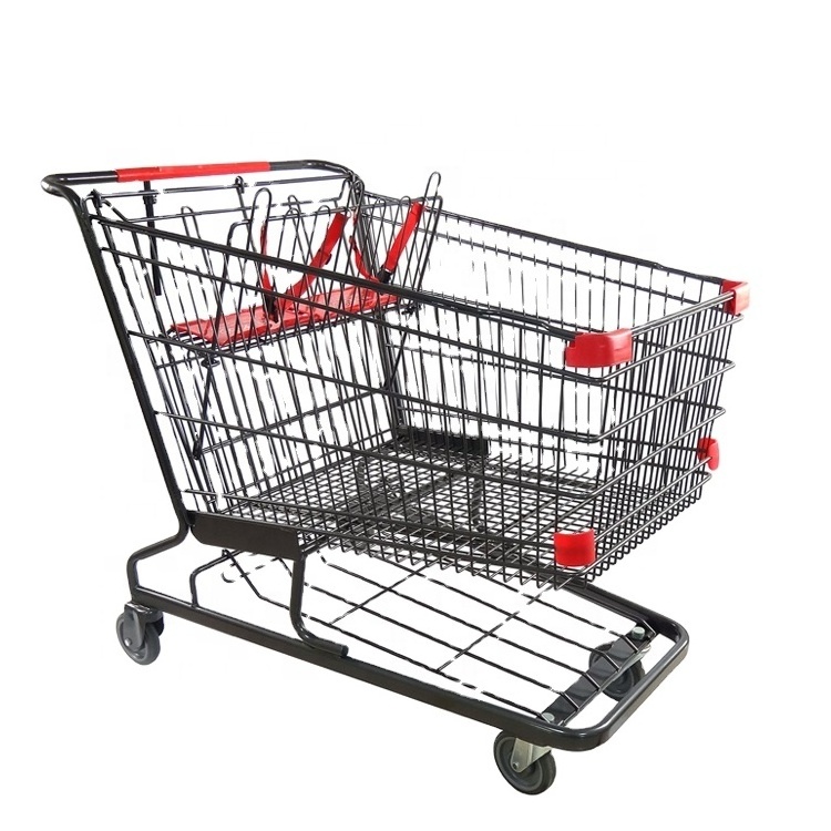 MOQ 100 PCS 250L USA style hypermarket large size grocery shopping food trolley carts with two baby seats