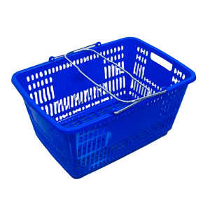 MOQ 100 PCS 30L Supermarket Plastic Shopping Basket With Metal Handles, Wire Handles Supermarket Shopping Baskets