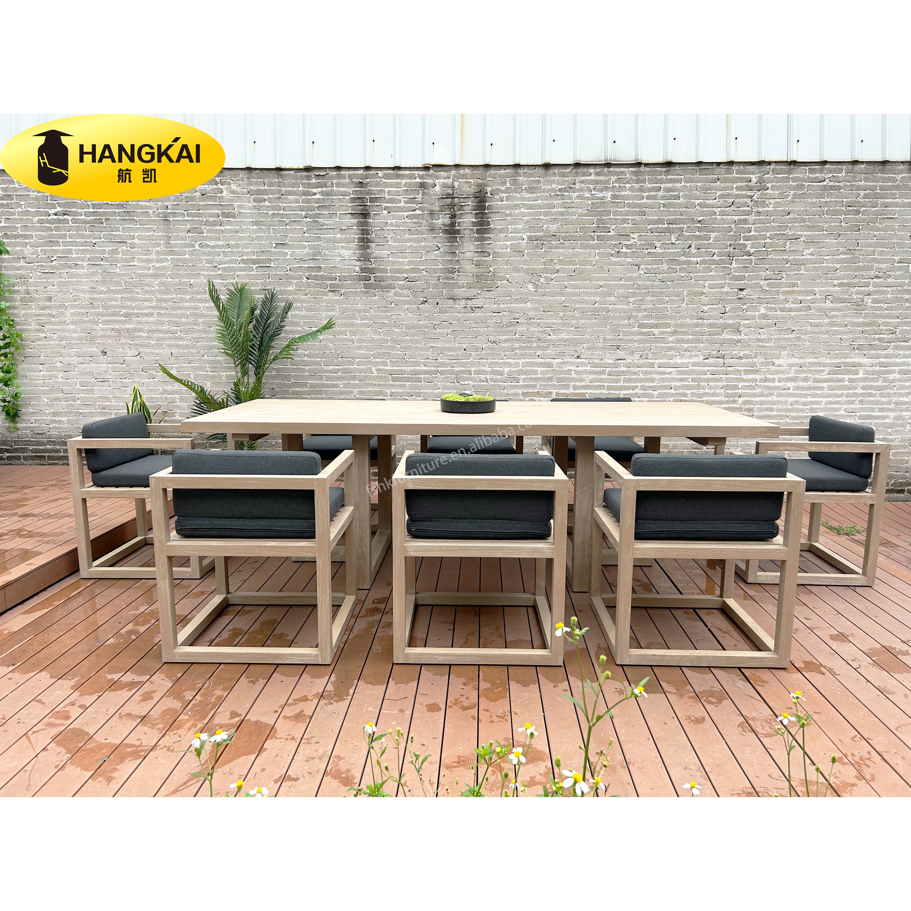 High quality outdoor patio furniture wooden natural teak weathered dining set dining table with armrest chairs