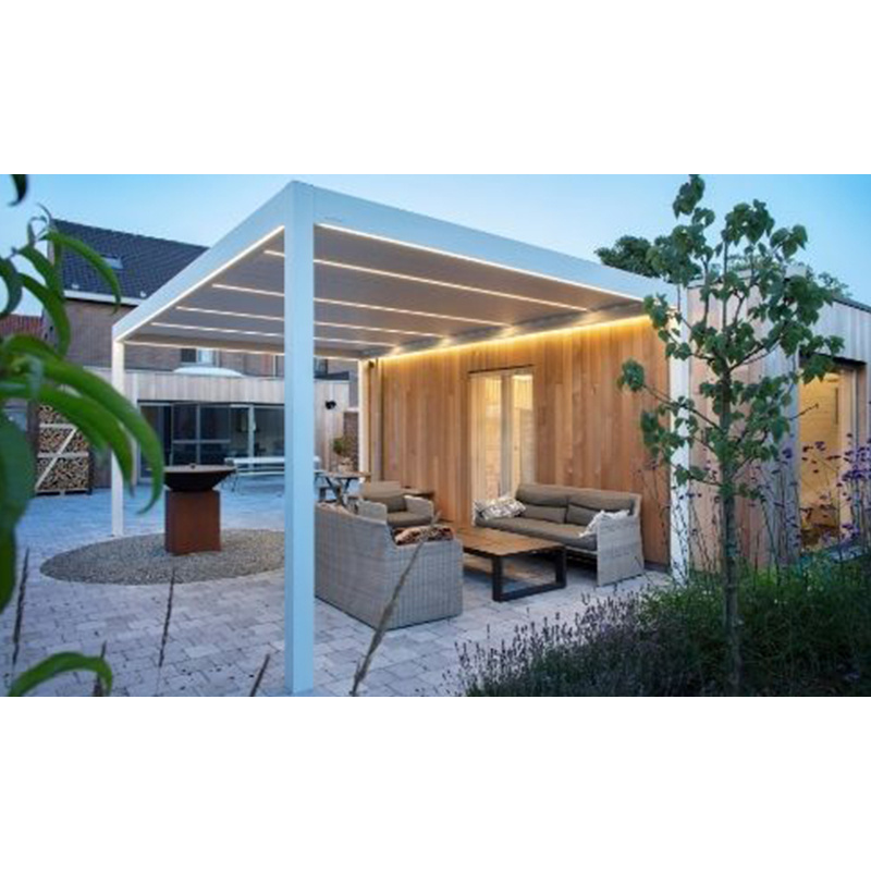 Aluminum Slatted Roof Pergola with Solar Power Motorized with Lights Outdoor Gazebos Canopy Coated Frame Finished Poly Material