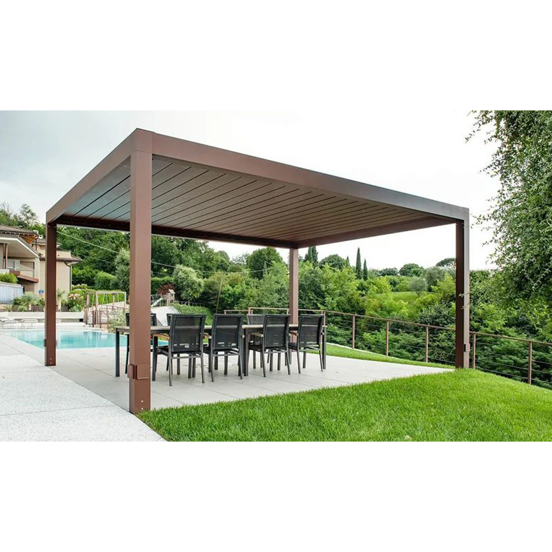 Aluminum Slatted Roof Pergola with Solar Power Motorized with Lights Outdoor Gazebos Canopy Coated Frame Finished Poly Material