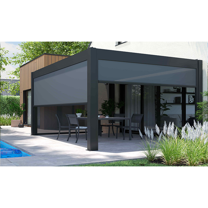 High quality Aluminum louver roof pergola and gazebo outdoor with glass sliding doors and LED light Custom manufacturer