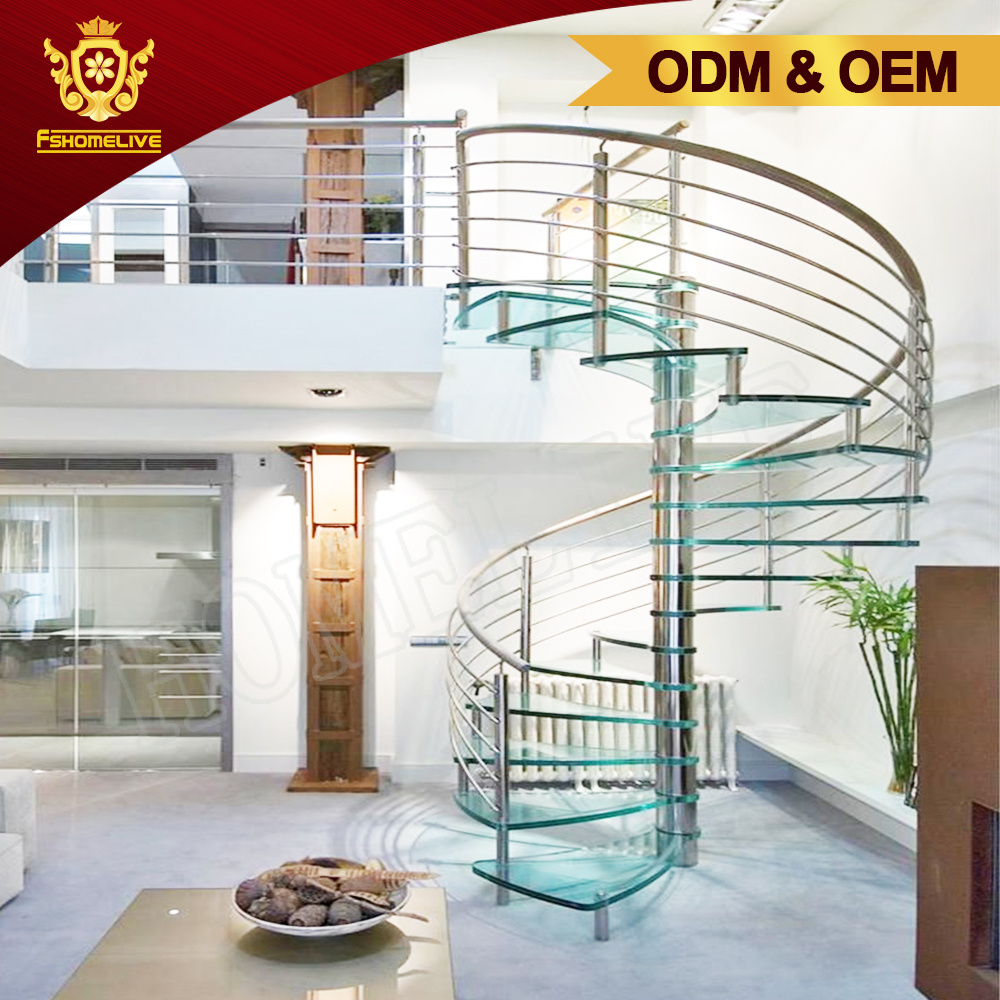 Custom Made Design Inside Home Used Metal Glass Round Shaped Floating Stairs Indoor Tempered Glass Curved Spiral Staircase