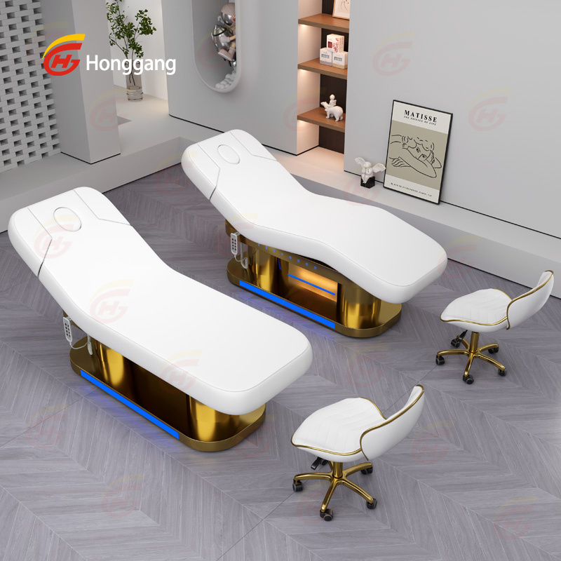 europe standard large memory foam white and gold metal foot control massage tables beds with face hole