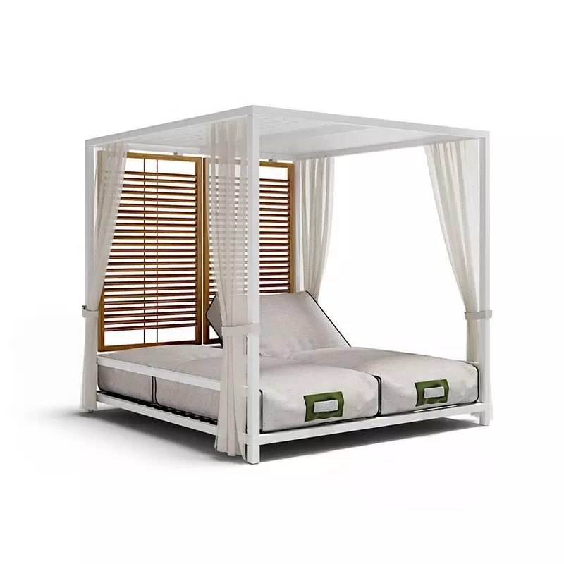 Luxury poolside outdoor lounge bed teak back garden canopy bed and cabanas with waterproof cushion aluminum daybed