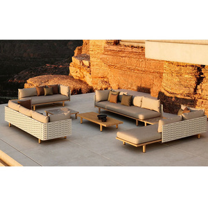 Luxury Modern Living Room  Rope Weaving Outdoor sofa L shape rattan sofa villa Leisure teak Base garden Sofa Set for Hotel