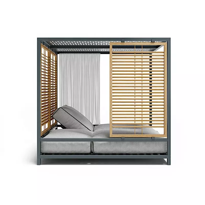 Luxury poolside outdoor lounge bed teak back garden canopy bed and cabanas with waterproof cushion aluminum daybed