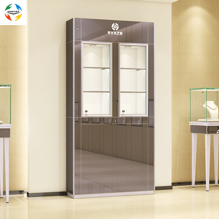 New Arrival Jewelry Glass Shelves Showcase Lighting Logo Jewellery Shop Showroom Against Wall Cabinet