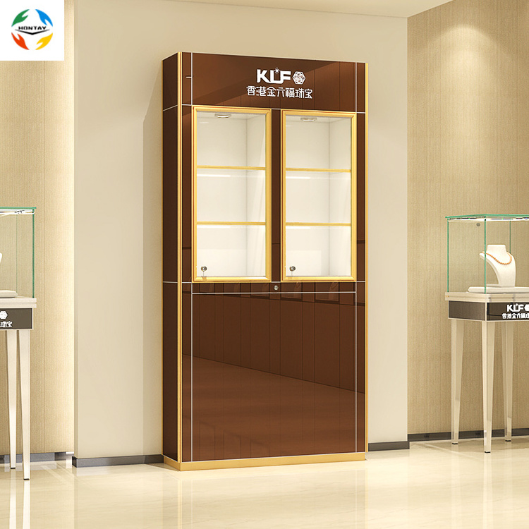 New Arrival Jewelry Glass Shelves Showcase Lighting Logo Jewellery Shop Showroom Against Wall Cabinet