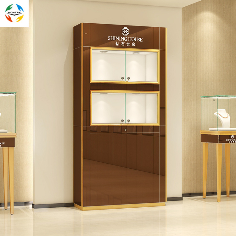 New Arrival Jewelry Glass Shelves Showcase Lighting Logo Jewellery Shop Showroom Against Wall Cabinet