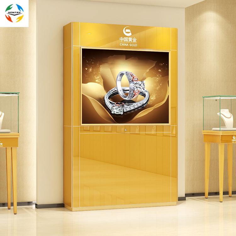 Portable Gold Metal Jewelry Kiosk with Glass Tabletop Multifunction Showcase for Glass Metal  Sliding  Door