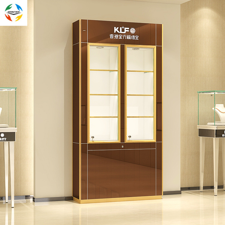 New Arrival Jewelry Glass Shelves Showcase Lighting Logo Jewellery Shop Showroom Against Wall Cabinet