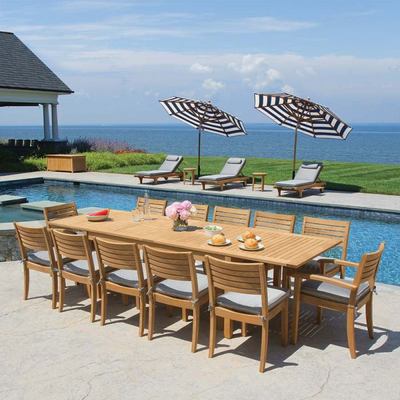 Outdoor Teak Long Table with Sunshade Umbrella Hole and Teak Armchair Set Wooden Furniture Modern Solid Wood Tavoli Da Esterno