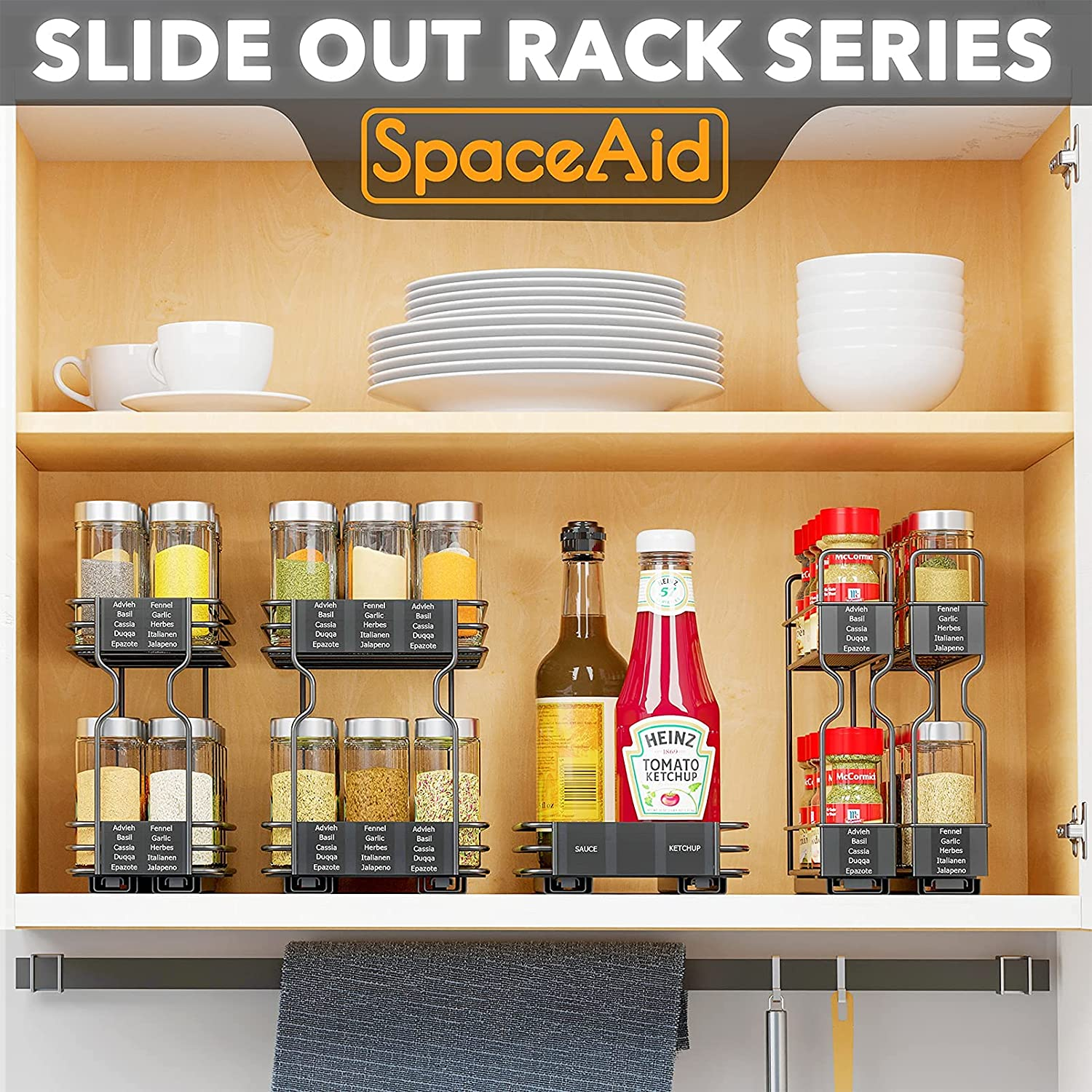 Closet Spice Rack Organizer for Cabinet Heavy Duty Seasoning 2 Tier Kitchen Rack Metal Storage stand  Slide Out Cabinet