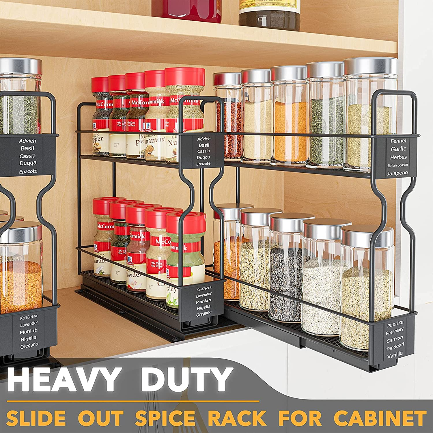 Closet Spice Rack Organizer for Cabinet Heavy Duty Seasoning 2 Tier Kitchen Rack Metal Storage stand  Slide Out Cabinet