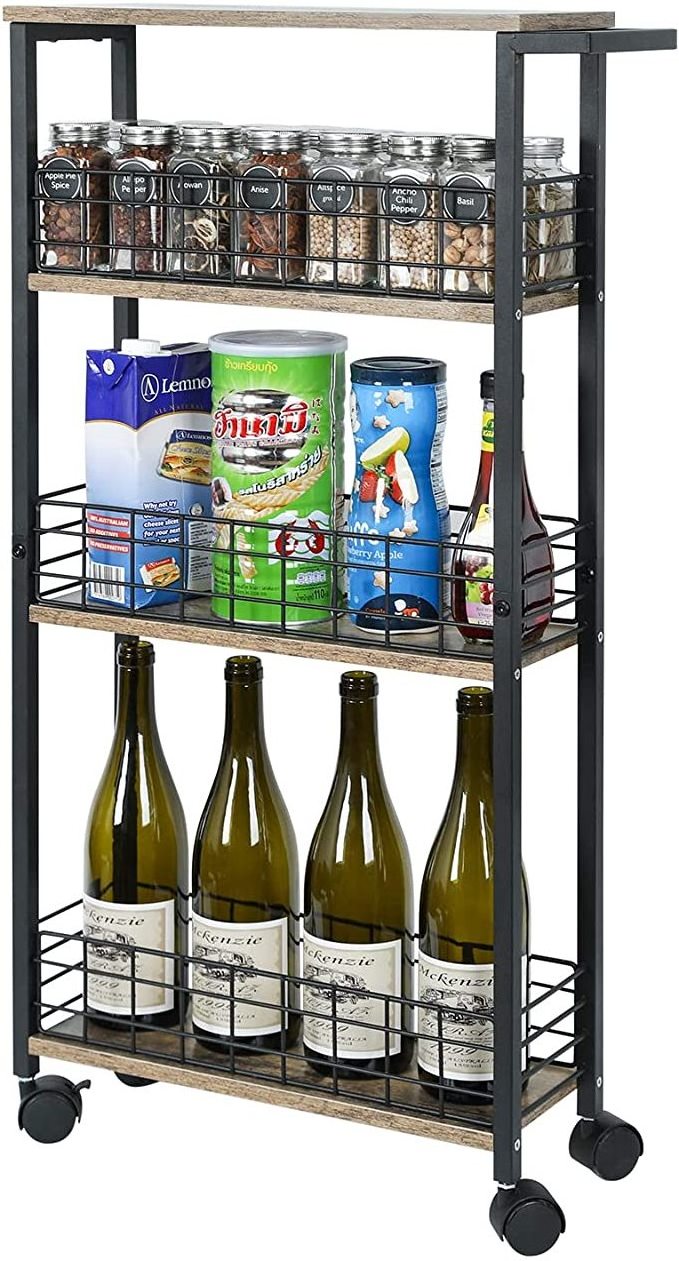 Slim Storage Cart for Small Spaces, 4 Tier Mobile Rolling Cart with Wheels Slide Out Storage Utility Shelves Cart with Wooden