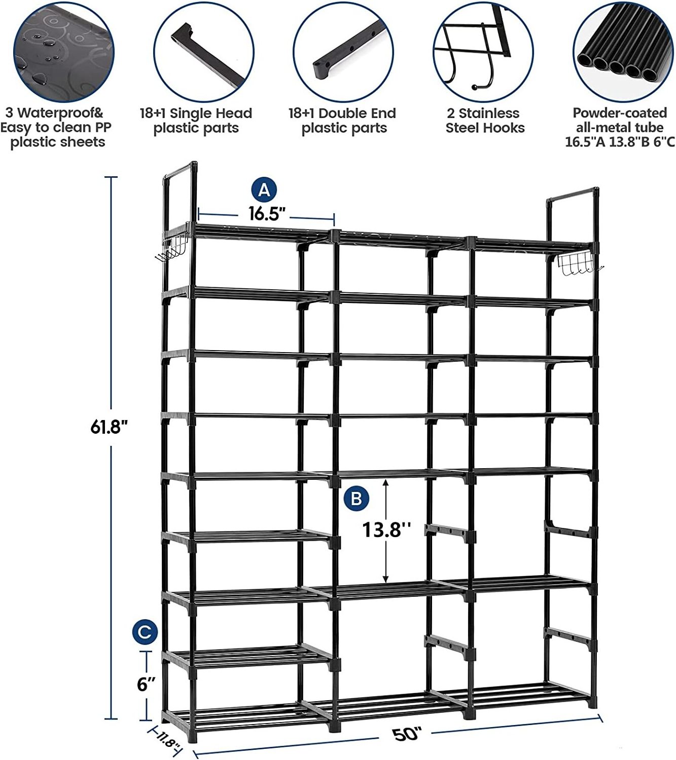 9 Tiers Metal Shoe Rack Organizer Vertical Free Standing Shoe Shelf