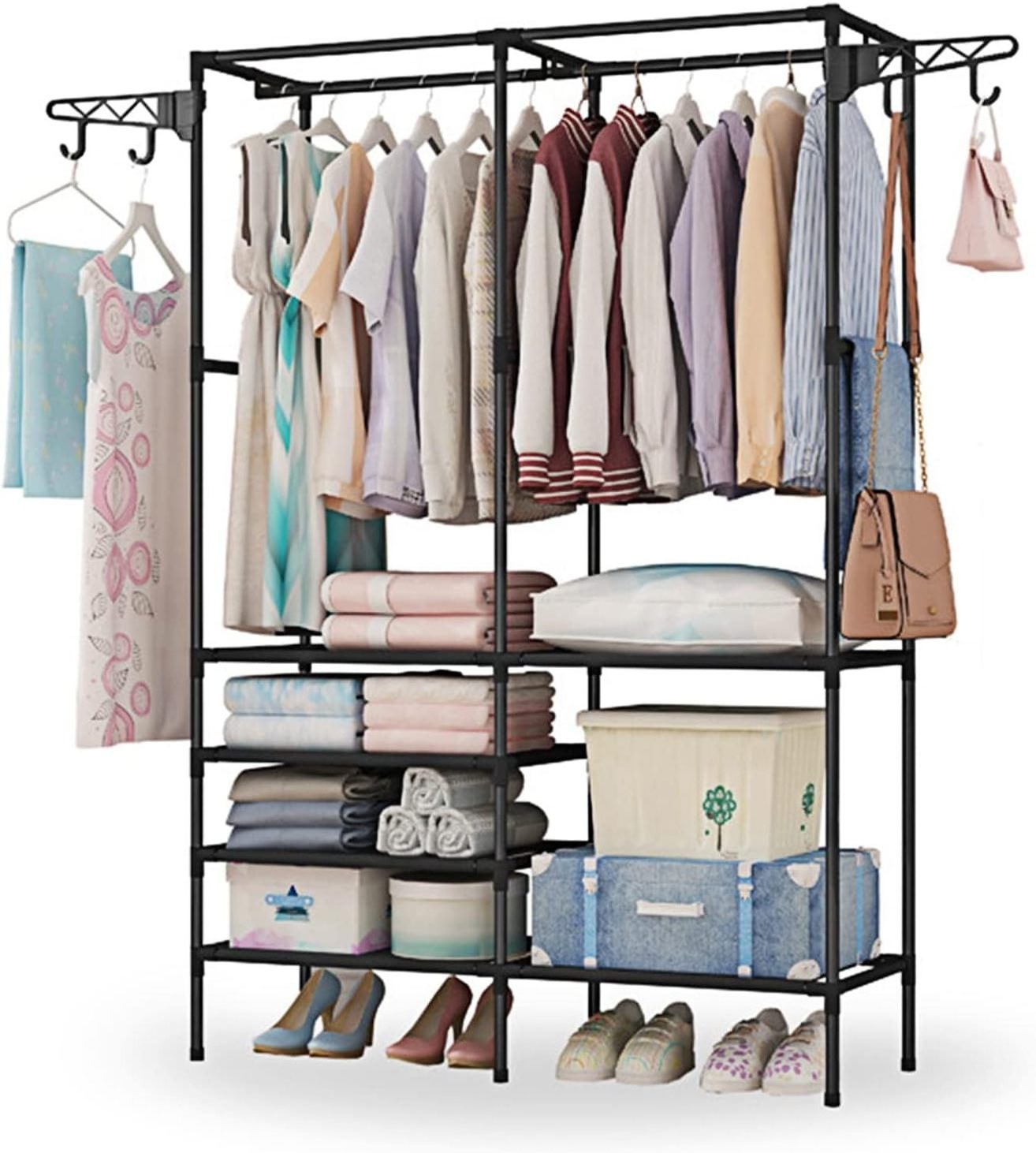 Garment Rack Clothes Rack Shoe Clothing Organizer Shelves Freestanding Clothes Wardrobe with 2 Hanging Rods Metal Iron