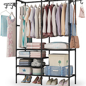 Garment Rack Clothes Rack Shoe Clothing Organizer Shelves Freestanding Clothes Wardrobe with 2 Hanging Rods Metal Iron