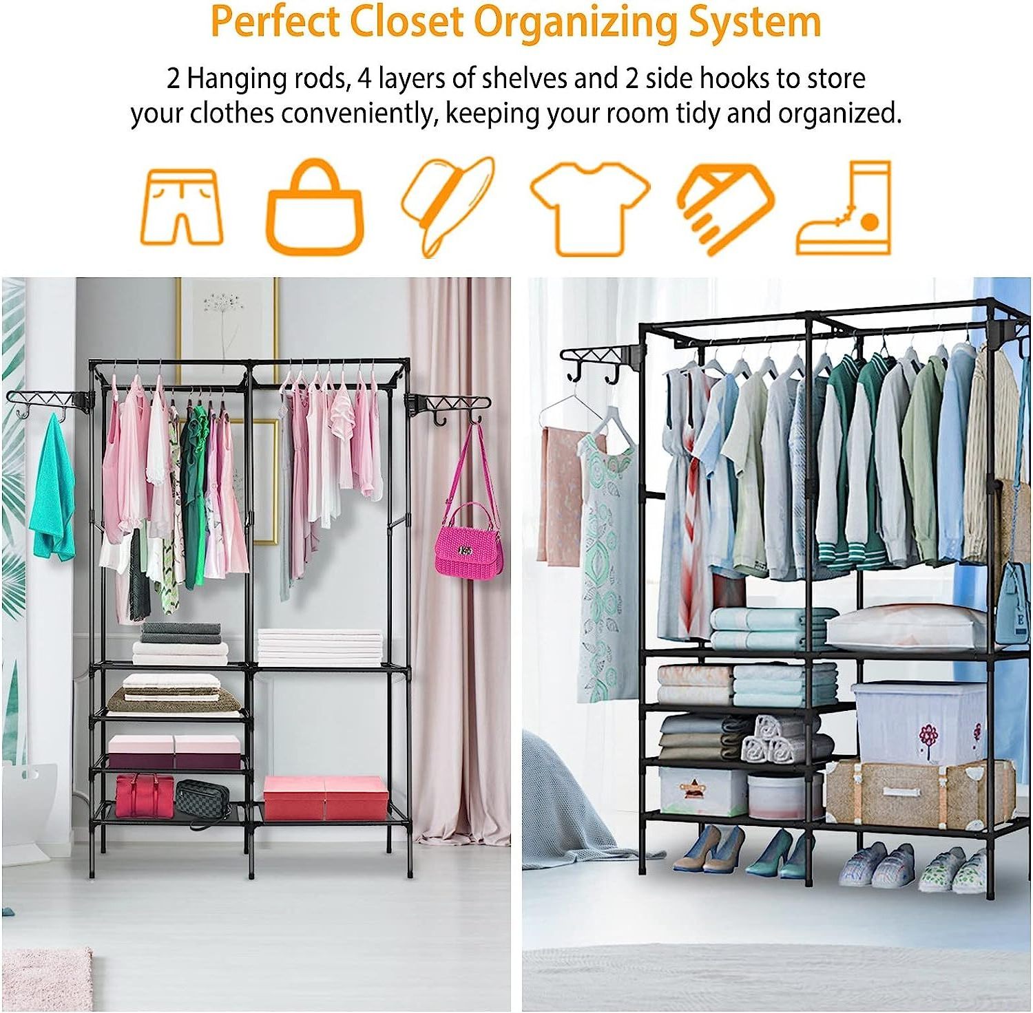 Garment Rack Clothes Rack Shoe Clothing Organizer Shelves Freestanding Clothes Wardrobe with 2 Hanging Rods Metal Iron