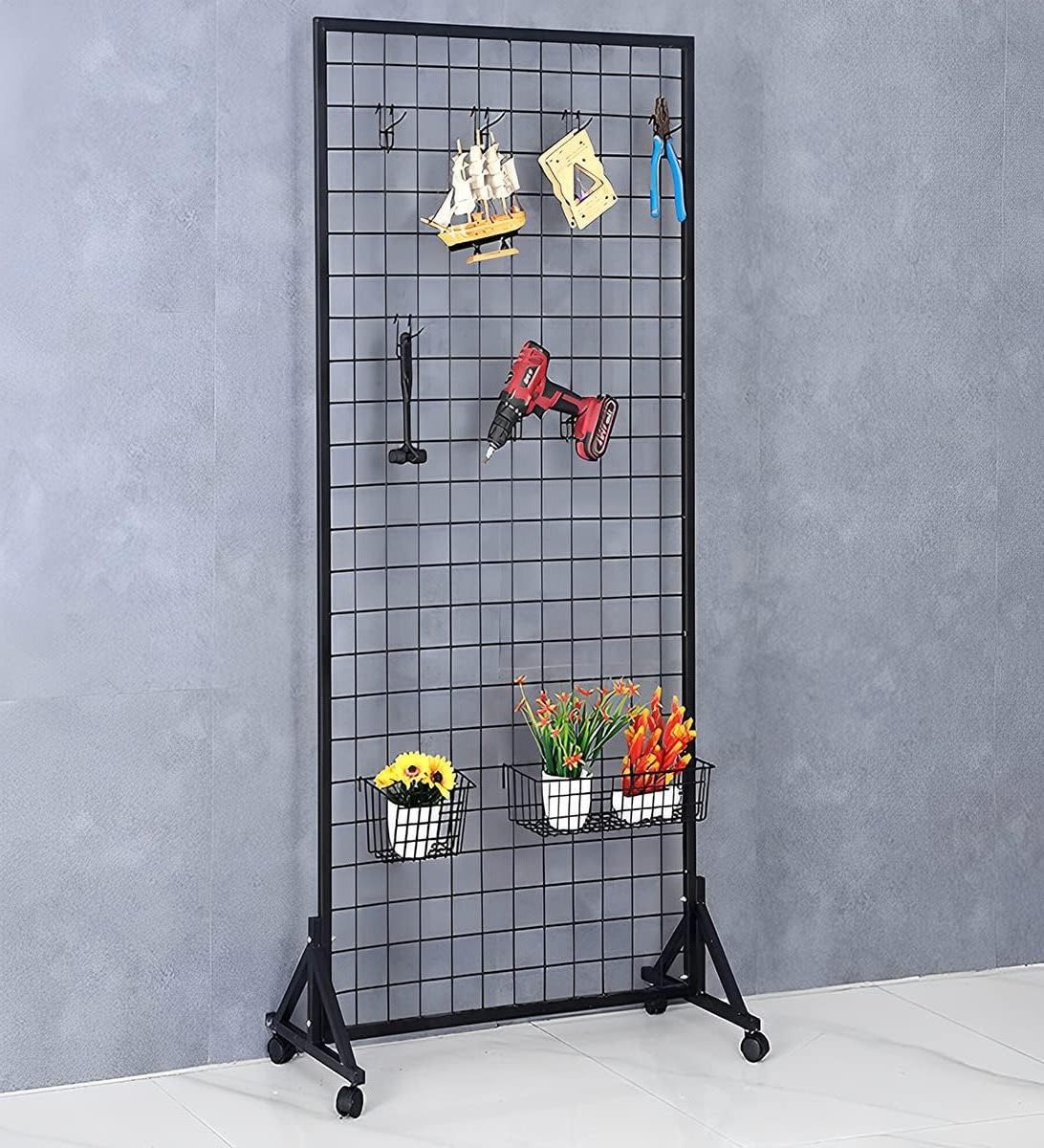 Sturdy Grid Wall Panels with T-Base Floorstanding on Wheels,Wire Gridwall Panel Display Rack Stand