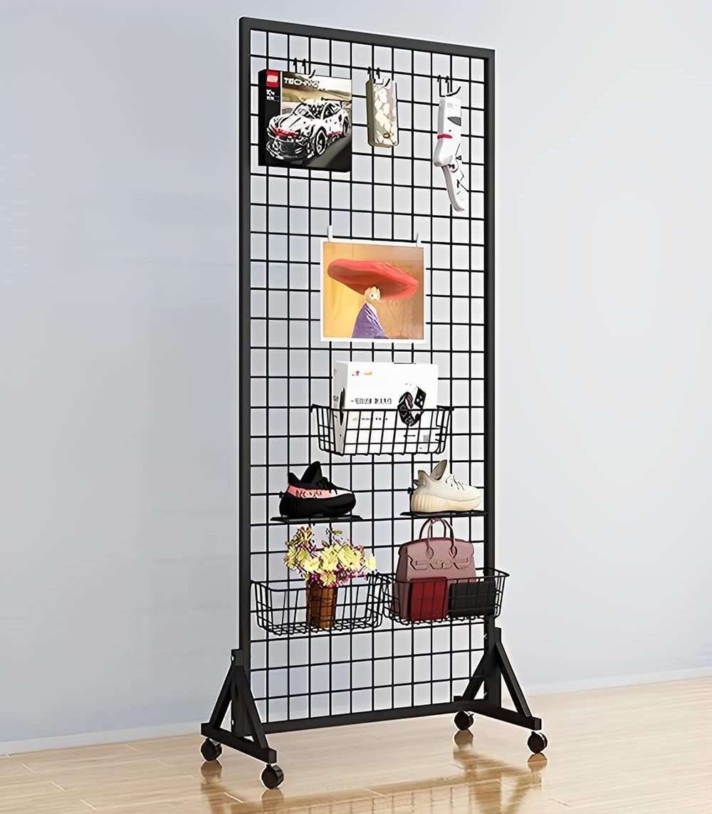 Sturdy Grid Wall Panels with T-Base Floorstanding on Wheels,Wire Gridwall Panel Display Rack Stand