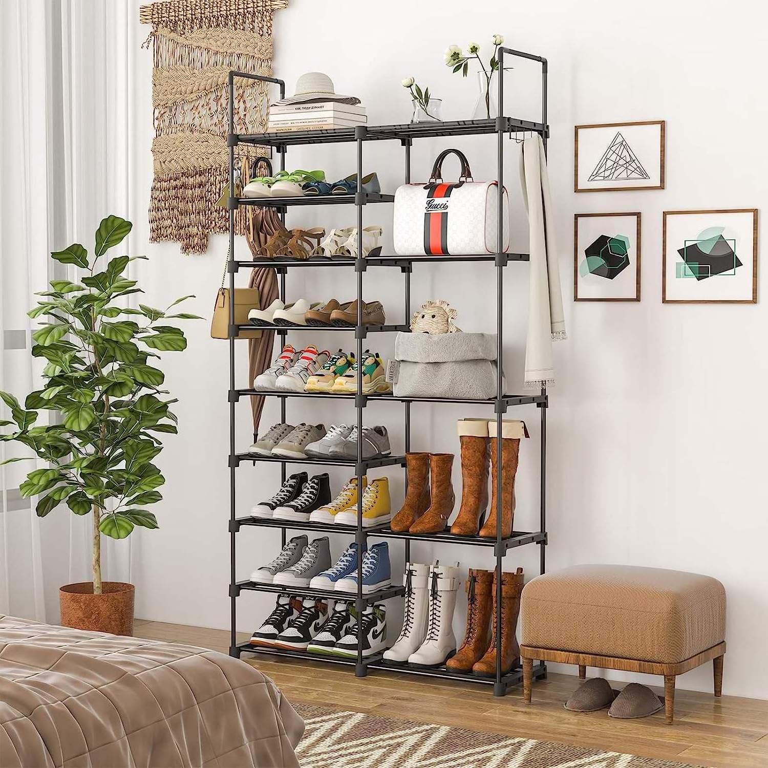 9 Tiers Vertical Narrow Bamboo Tall Shoe Organizer Rack Stylish metal Space Saving Shoe Storage Stand