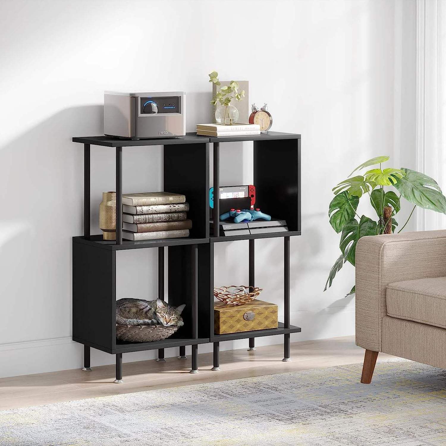 Modern Unique Free Standing S-Shaped Metal Bookcase Small Bookshelf Book Shelf for Living Room Bedroom Office