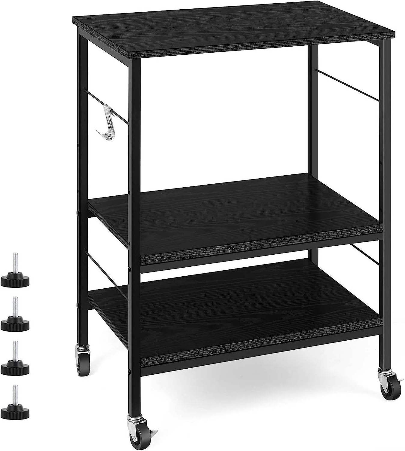 3 Tier Kitchen Cart with Storage on Wheels Small Bakers Rack Black Coffee Bar Cart Kitchen Accessories Metal Iron with 10 Hooks