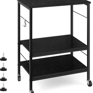 3 Tier Kitchen Cart with Storage on Wheels Small Bakers Rack Black Coffee Bar Cart Kitchen Accessories Metal Iron with 10 Hooks