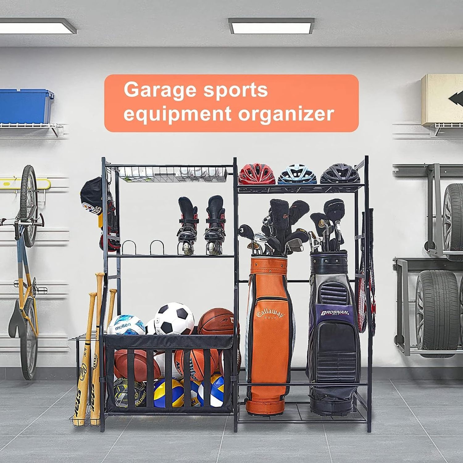 Garage Sports Equipment Organizer, Golf Bag Stand for Garage Ball Storage Rack Indoor/Outdoor Kids Toys Storage Organizer