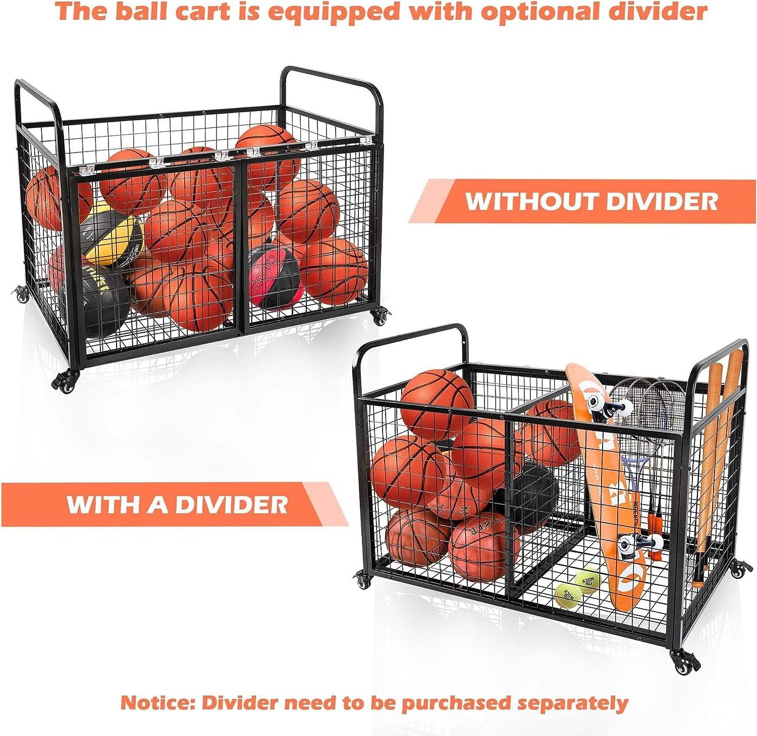 Ball Cart Storage for Garage Compatible with Optional Divider, Heavy Duty Sports Equipment Organizer