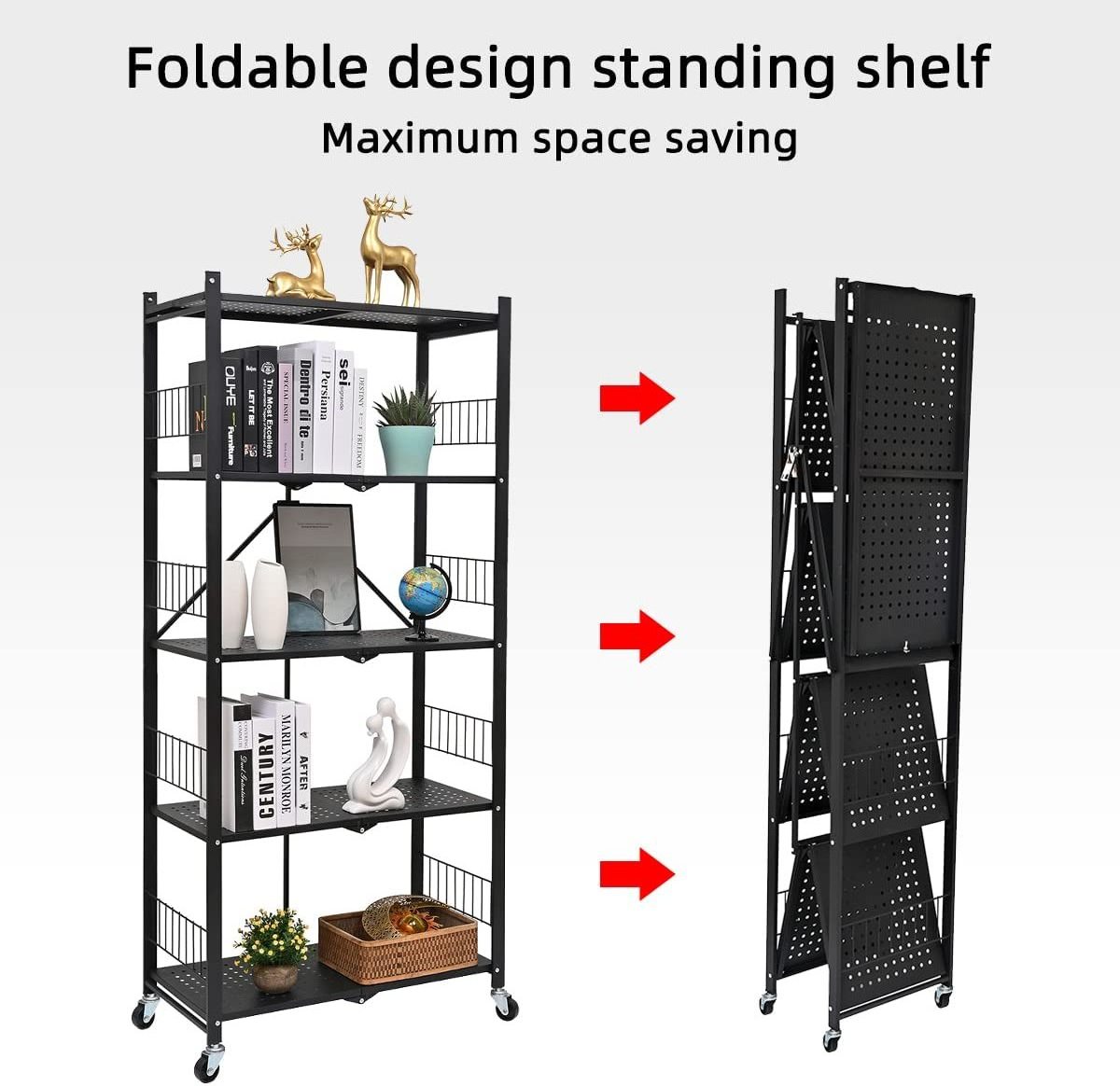 Folding Storage Shelves, 5-Tier Metal Collapsible Shelves with Wheels, Shelving Units and Storage Rack