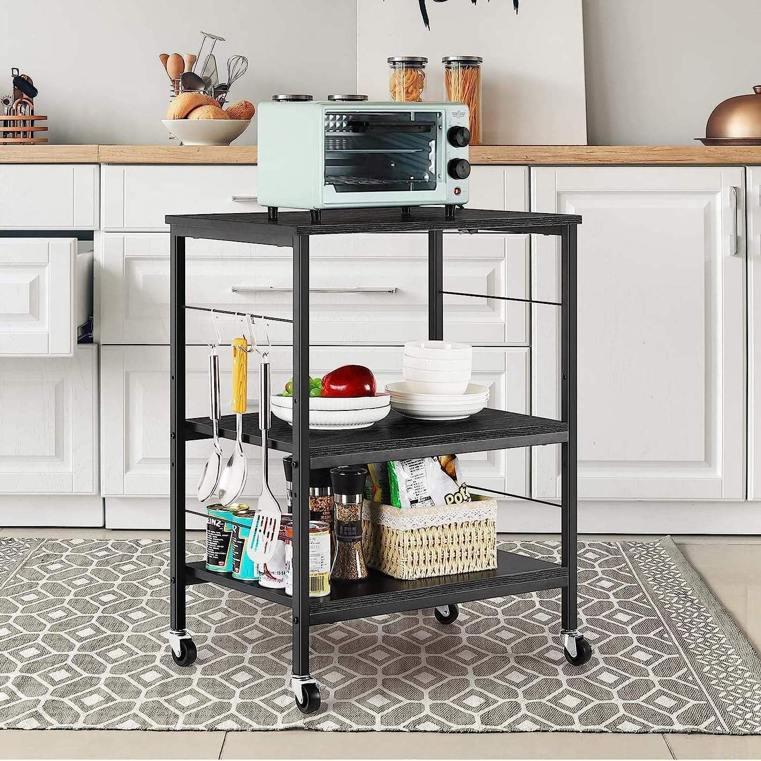 3 Tier Kitchen Cart with Storage on Wheels Small Bakers Rack Black Coffee Bar Cart Kitchen Accessories Metal Iron with 10 Hooks