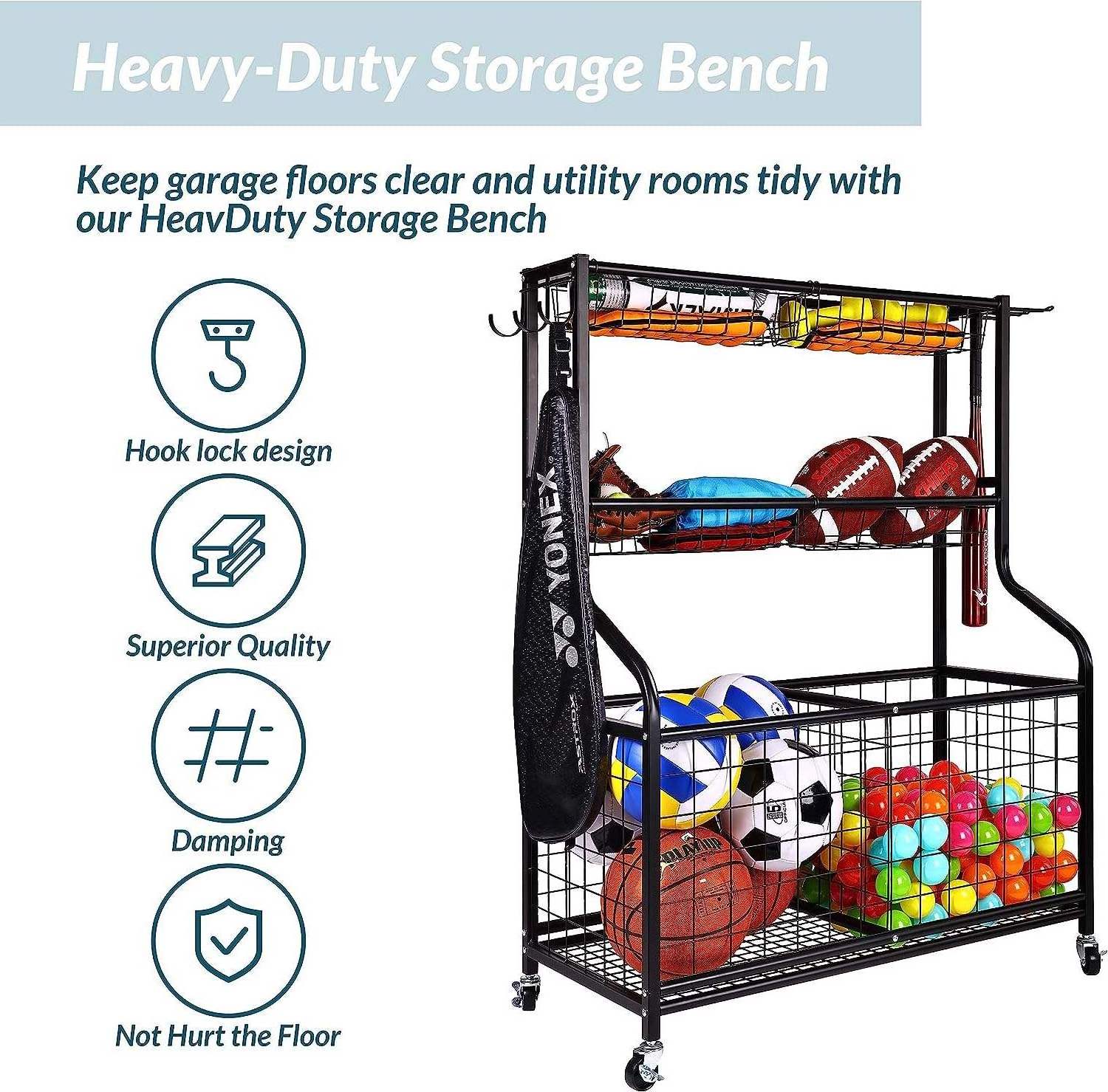 Fitness Garage Sports Equipment Organizer Sports Gear Storage Garage Organizer Rolling Sports Ball Storage Cart