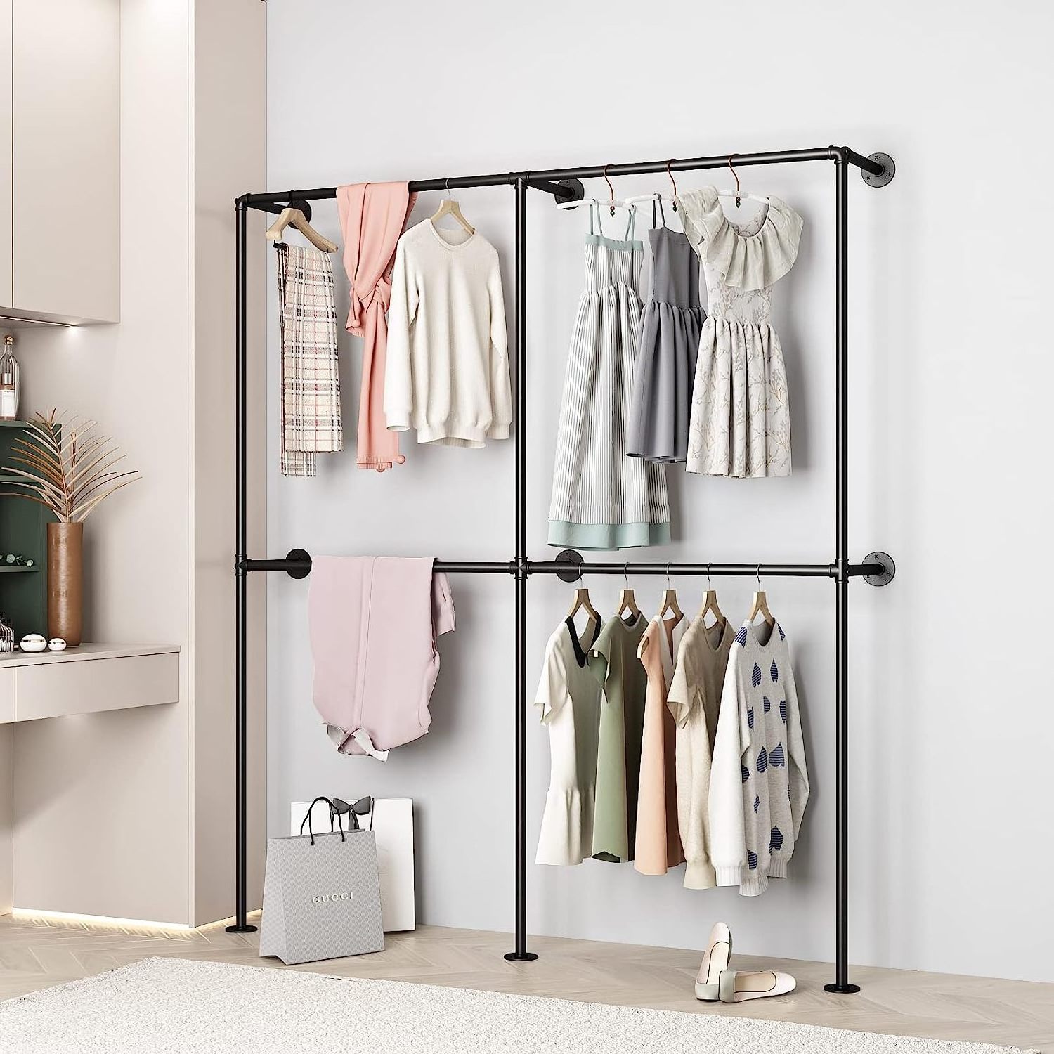 Industrial Pipe Clothing Rack Wall Mounted   Clothes Racks with Double Hanging Rods for Closet Storage