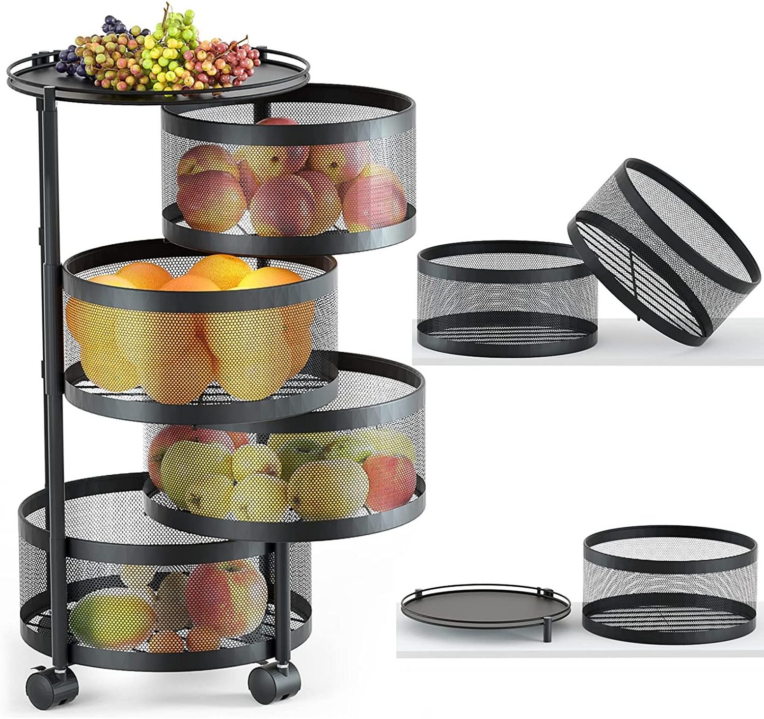 Storage Rack for Kitchen,fruit Basket Rotating,potatoes Storage Basket Storage Holders & Racks Multifunction with Wheel Metal