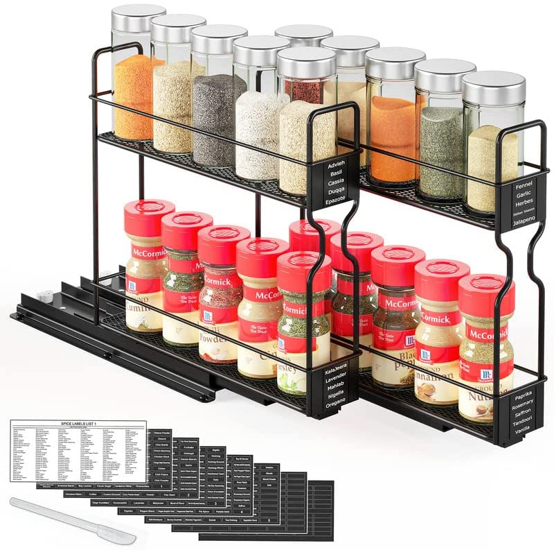 Closet Spice Rack Organizer for Cabinet Heavy Duty Seasoning 2 Tier Kitchen Rack Metal Storage stand  Slide Out Cabinet