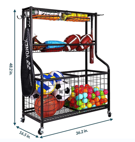 Fitness Garage Sports Equipment Organizer Sports Gear Storage Garage Organizer Rolling Sports Ball Storage Cart