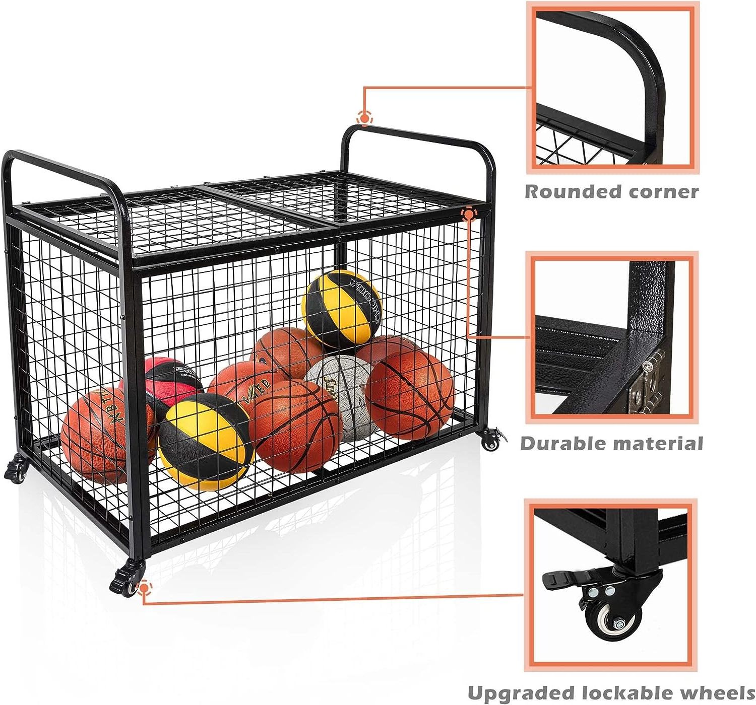 Ball Cart Storage for Garage Compatible with Optional Divider, Heavy Duty Sports Equipment Organizer