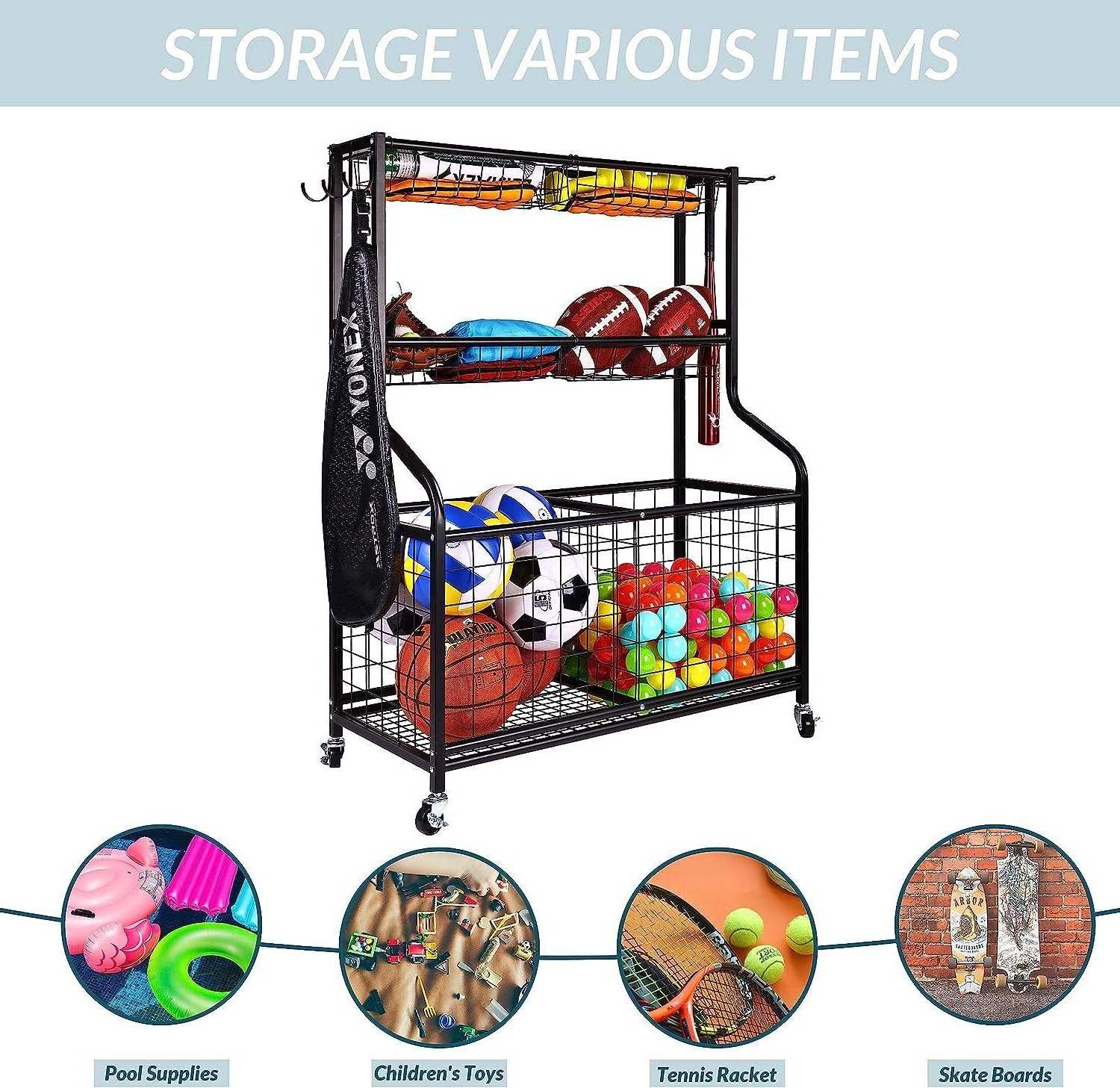 Fitness Garage Sports Equipment Organizer Sports Gear Storage Garage Organizer Rolling Sports Ball Storage Cart