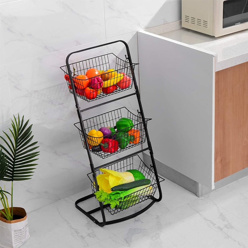 3 Tier Metal Market Basket Stand Storage Shelves for Fruits and Vegetables Organize Hanging Storage Bin for Kitchen